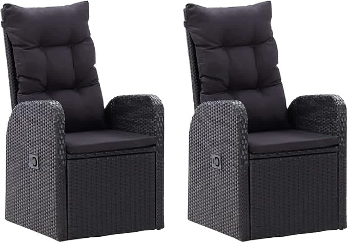 7 Piece Patio Dining Set with Cushions, Black PE Rattan Outdoor Dining Table and 6 Reclining Chairs, Glass Top Wicker Furniture Set for Garden Yard Backyard