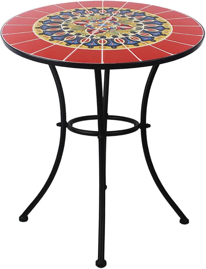 23.6" Outdoor Patio Mosaic Round Table Garden Bistro Accent Table | Ceramic Tile Waterptoof Side End Table Metal Frame Dining Table Furniture for Balcony Backyard Porch Poolside Terrace
