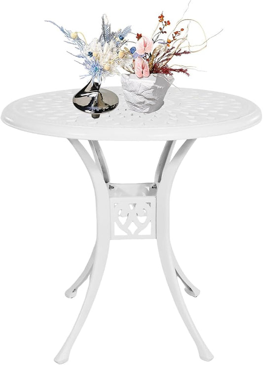 30.7" Cast Aluminum Round Patio Table,Metal Patio Dining Table with Umbrella Hole,All Weather Outdoor Bistro Dining Table for Backyard, Garden, Balcony, White