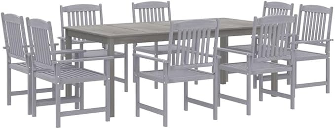 Afuera Living 9-Piece Solid Acacia Wood Patio Dining Set, Gray Oiled Finish, Rectangular Table with 8 Chairs, Weather Resistant, Umbrella Hole, Outdoor Garden Furniture for Terrace or Balcony Dining