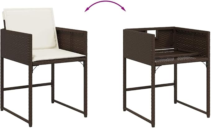 9 Piece Patio Dining Set with Cushions Brown Poly Rattan Outdoor Rattan Furniture Set for Garden Backyard Deck, Tempered Glass Table and 8 Folding Chairs with Cream White Cushions UV Proof