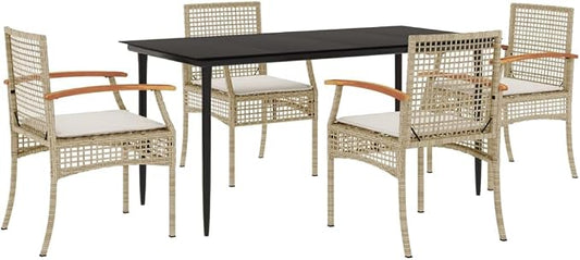 5 Piece Garden Dining Set, Rectangular Outdoor Table and 4 Chairs with Cushions, Modern Poly Rattan and Acacia Wood Furniture for Patio, Terrace and Backyard, Beige