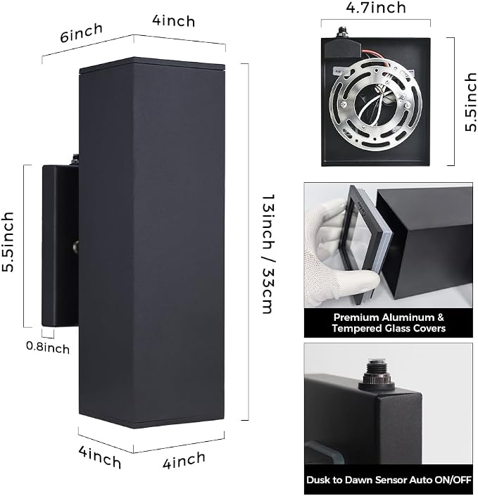 13" Black Square Modern Dusk to Dawn Outdoor Wall Light,2 Pack | E26 Base,UL listed,Aluminum Up and Down Lights Outdoor Exterior Wall Light Fixture Porch Light for House Garage Patio Garden