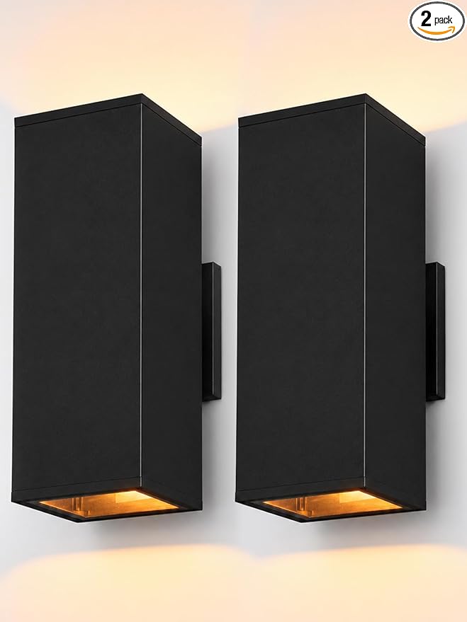 LEONLITE 2-Pack 12" Outdoor Rectangular Wall Light, Up and Down, E26 Base | Modern Porch Patio Lights, Waterproof Wall Sconce, Exterior Light Fixture Wall Mount, Aluminum, Matte Black, ETL Listed