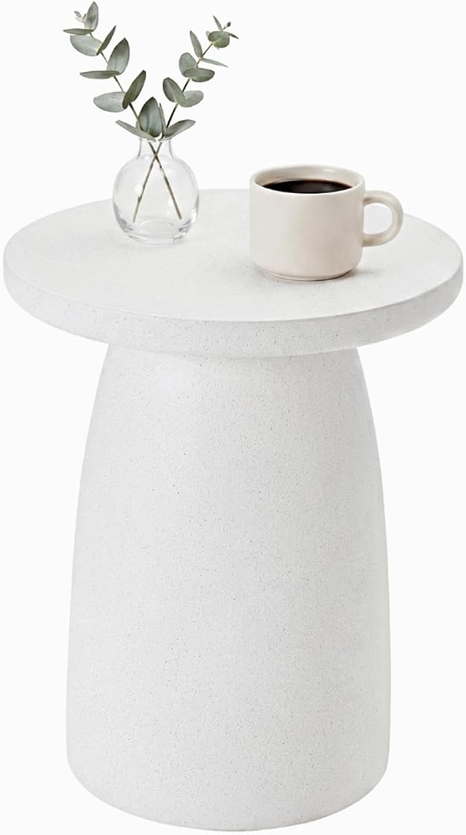 HOMPUS Outdoor Side Table, Concrete Side Table Faux Stone Hourglass Shaped, Patio Round Accent Table, Lightweight MgO Circular Coffee Table Garden Tool for Home Decor, Porch and Deck, Spotted White