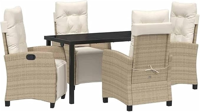 Afuera Living 5 Piece Poly Rattan Garden Dining Set, Beige Cushions, Glass-Topped Table with Steel Legs, Adjustable Backrest Chairs, Comfortable Outdoor Patio Furniture for Garden or Terrace Use