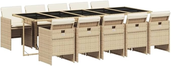 Afuera Living 11-Piece Poly Rattan Patio Dining Set, Beige Finish, Tempered Glass Table, Foldable Chairs with Removable Cushions, UV-Resistant, Modern Design for Outdoor Garden or Terrace Dining