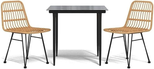 Afuera Living 3-Piece Patio Dining Set, Polyethylene Rattan & Steel, Black Finish, Includes Rectangular Tempered Glass Table and 2 Chairs, Weather-Resistant Outdoor Furniture for Garden or Balcony
