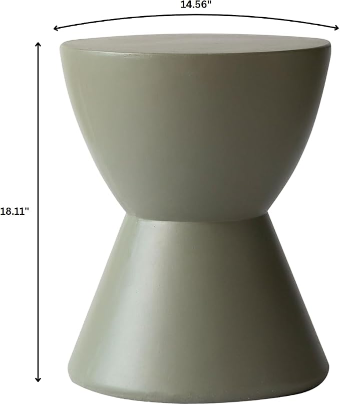 LeisureMod Loft Series Moss Grey Fiberstone Side Table - Modern Hourglass Round Pedestal - 18-inch Weather-Resistant Accent for Outdoor Patio and Indoor Living Room Decor