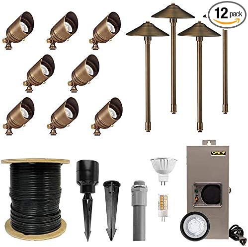 VOLT 12V LED Landscape Lighting Kit (8 Spotlights, 4 Path Lights), Bronze | Solid Brass, 150W Low Voltage Transformer, Ideal for House Yard Outdoor Pathway Walkway Garden Driveway or Patio