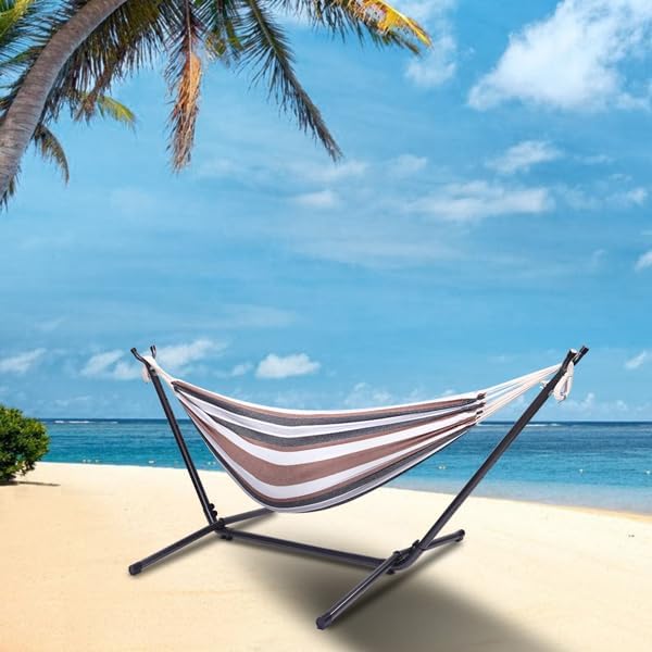 Double Hammock with Steel Stand for Outside,Portable Space Saving Heavy-Duty Steel Frame Hammock w/Portable Carrying Bag for Indoor Outdoor Patio Yard Camping,Easy Assembly,600 lbs Capacity (Coffee)