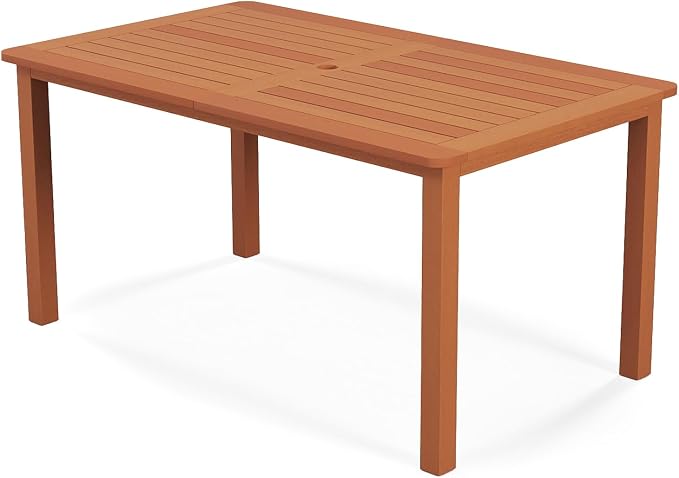 Tangkula 59 Inches Hardwood Patio Dining Table for 6, Outdoor Solid Wood Dining Table with Umbrella Hole & Teak Oil Finish, Rectangular Outside Dining Table for Backyard, Porch, Deck, Garden