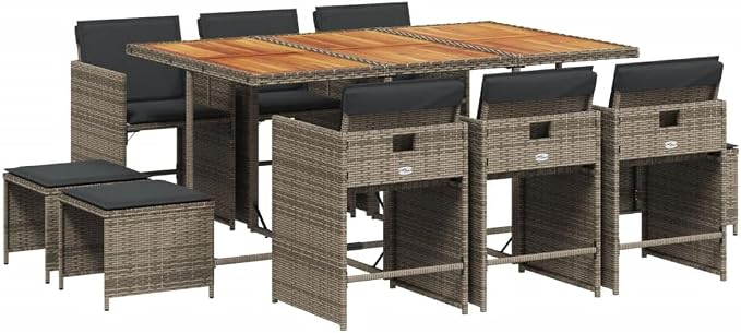11 Piece Outdoor Patio Dining Set, Space-Saving Cube Garden Furniture with Acacia Wood Table, 6 Chairs and 4 Stools, Gray Poly Rattan