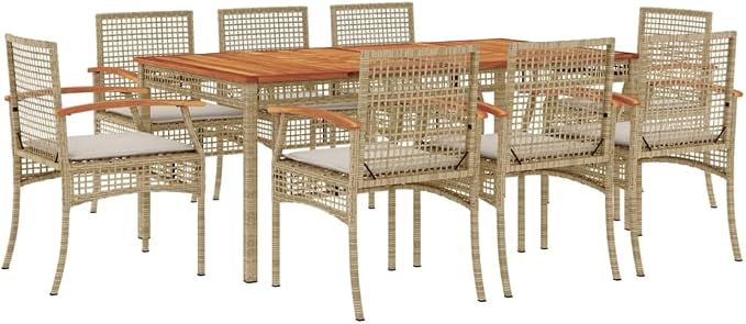 9 Piece Patio Dining Set with Cushions Beige Poly Rattan Outdoor Rattan Wicker Furniture Set for Garden Backyard Acacia Wood Table and 8 Chairs