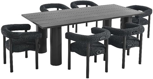 Modway Nautica 7-Piece Outdoor Rectangular Dining Set in Charcoal Graphite – Aluminum Patio Table and Chairs for 6 – Deck Table and Chairs - Outdoor Dining Set with Upholstered Curved Back Armchairs