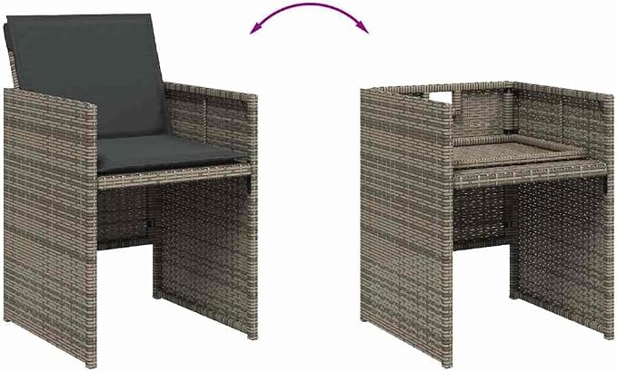 Gray 11 Piece Patio Dining Set with Cushions Poly Rattan Outdoor Table and 10 Chairs Foldable Space Saving for Garden Backyard Relaxation Tempered Glass Top UV Proof 242.5 lb Load Capacity