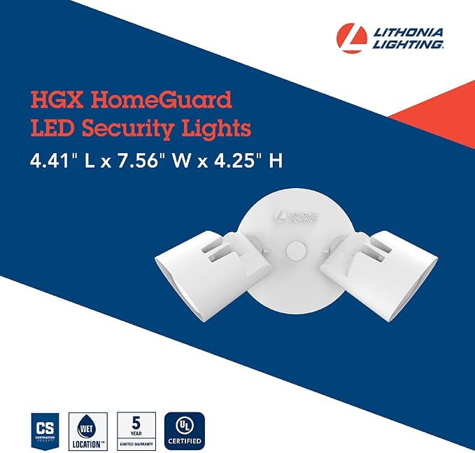Lithonia Lighting HomeGuard 2-Light LED Outdoor Flood Lights, Wall or Ceiling Mount Outdoor Lights, 4000K Cool White, Round Heads, White, 2-Pack (HGX LED 2RH 40K 120 WH CP2 M2)