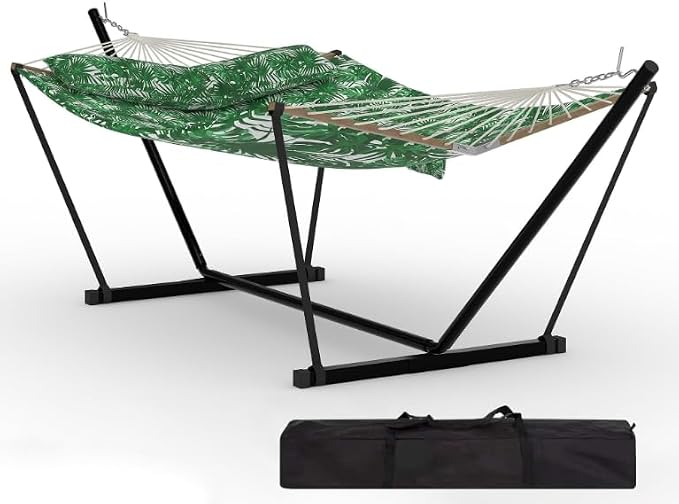 Double Hammock with Stand, 450 Lbs Capacity 12FT Heavy Duty Portable 2 Person Hammock with Steel Frame & Anti-Tip Design, Easy 2-Minute Setup for Patio, Garden, Beach, Backyard, Green Banana Leaf
