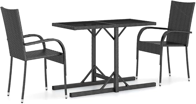 3-Piece Black PE Rattan Outdoor Bistro Set with Glass Top Table | Features space-saving stackable chairs and a weather-resistant steel frame for patio, balcony, or backyard dining.