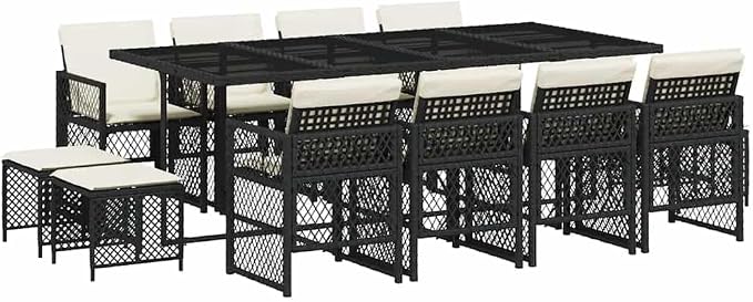 13-Piece Garden Dining Set, Modern Poly Rattan Outdoor Patio Furniture with Large Rectangular Table, 8 Chairs and 4 Stools for 12 People, Black and Cream White