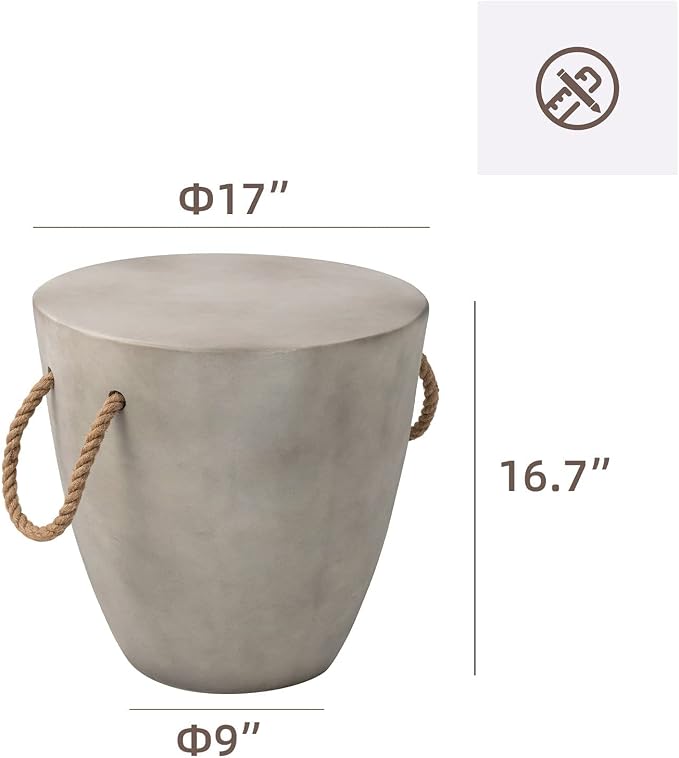 HOMPUS Concrete Outdoor Side Table Drum Accent Light Gray Modern End Table, Round Coffee Table with Rope Handle Garden Stool Decor for Garden, Indoor, Living Room