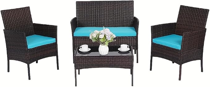 Patio Furniture Set, Outdoor Furniture Set 4 Pieces Patio Conversation Set PE Rattan Chair with Cushion Tempered Glass Table Garden Balcony Sets for Yard Pool Backyard Brown/Blue