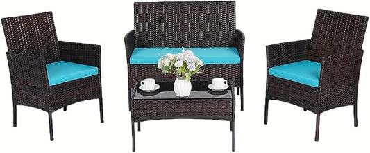 Patio Furniture Set, Outdoor Furniture Set 4 Pieces Patio Conversation Set PE Rattan Chair with Cushion Tempered Glass Table Garden Balcony Sets for Yard Pool Backyard Brown/Blue