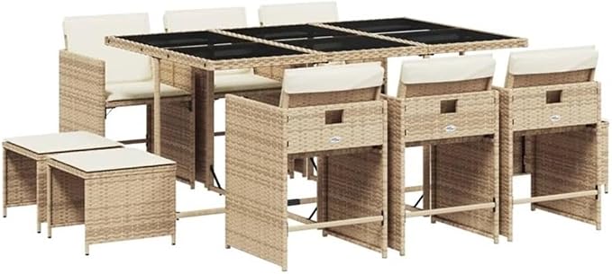 Afuera Living 10-Seater Rattan Patio Dining Set with Cushions, Textured White Finish, UV-Resistant PE Rattan, Powder-Coated Steel, Foldable Chairs and Stools, Rectangular Table for Outdoor Garden or
