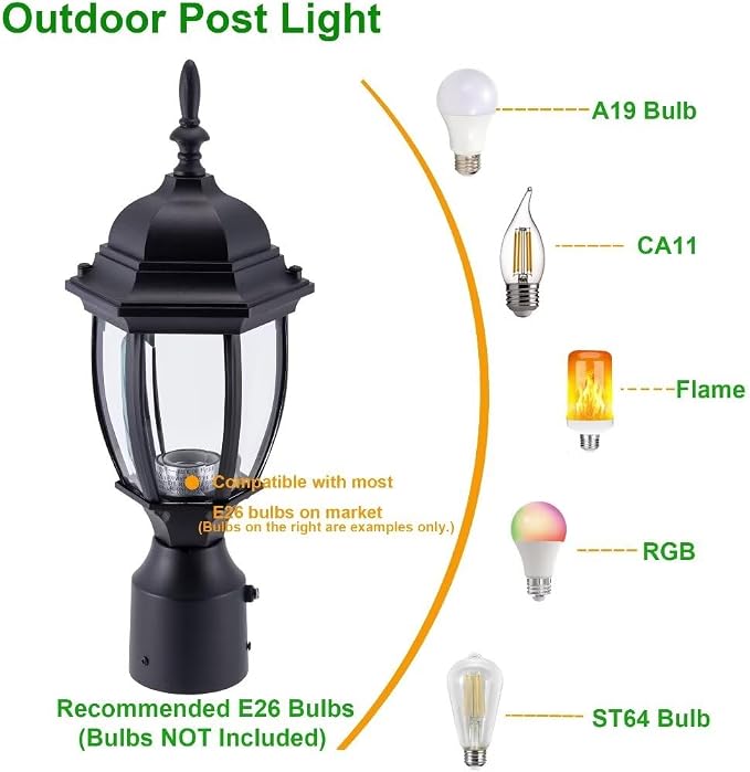 Outdoor Post Light Dusk to Dawn, Rustproof Aluminum, Black | Exterior Lamp Post Light Fixture for Garden, Yard, Pathway, Waterproof, Glass, E26 Base, Max 60W