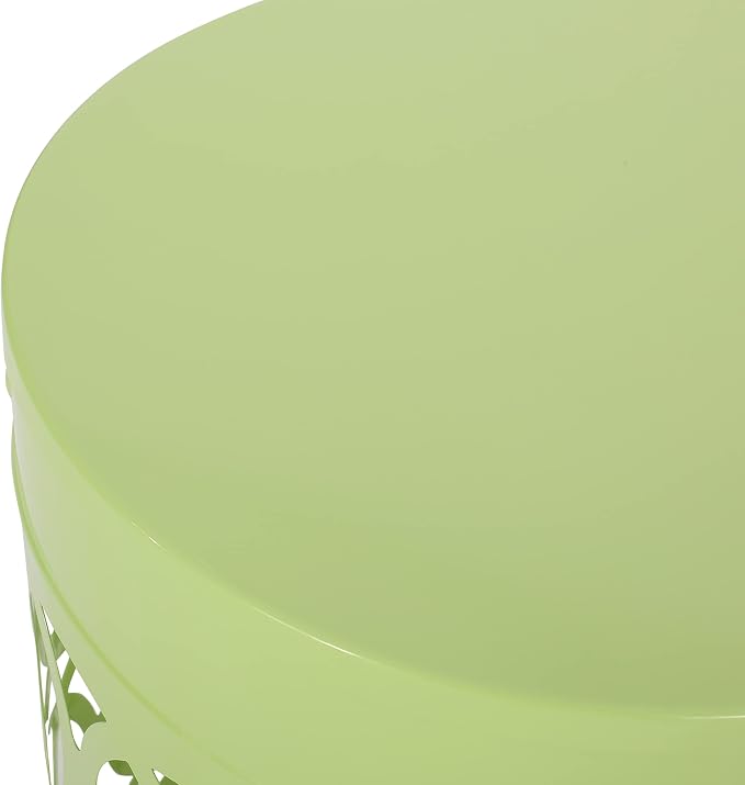 Outdoor Metal End Table Large, White Iron Side Table with Geometric Cut Design, Round Patio Accent Table No Assembly Required, Weather Resistant for Garden Balcony Porch (Green)