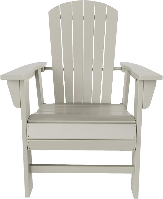 WestinTrends Dylan Adirondack Outdoor Dining Set for 4, All Weather Poly Lumber Patio Table and Chairs Set of 4, 47" Trestle Round Dining Table and Seashell Adirondack Dining Chair, Sand