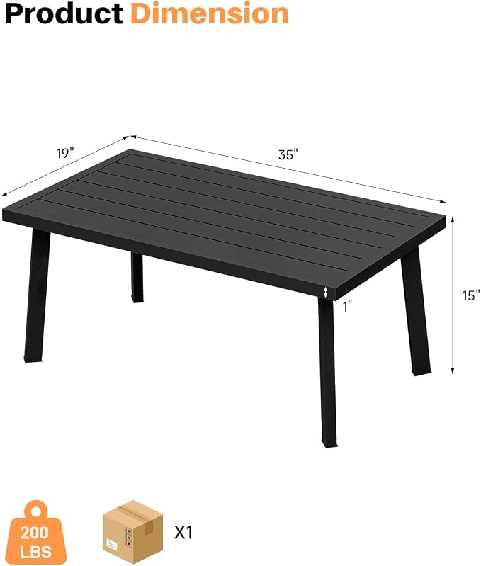 Patio Coffee Table, Never-Rust Aluminum Outdoor Coffee Table with Wood Grain Texture, Modern Rectangle Garden Coffee Table with Slatted Tabletop for Poolside, Decks, Indoor, Backyard, Black
