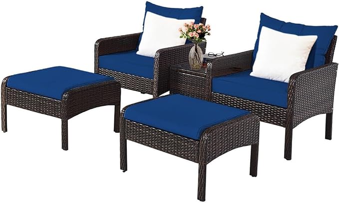 5 PCS Patio Rattan Wicker Furniture Set Sofa Ottoman Coffee Table Cushioned Navy