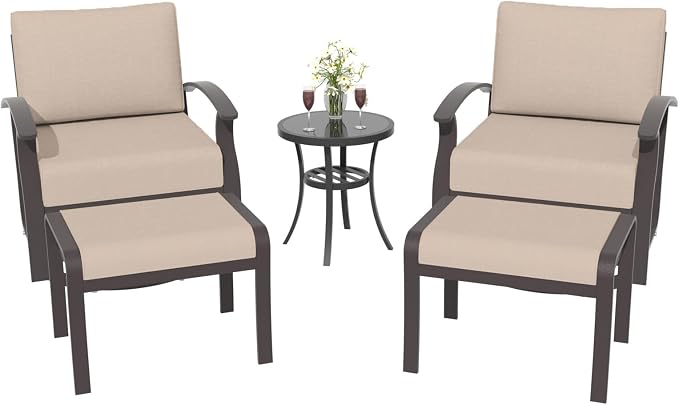 ALAULM 5 Piece Aluminum Outdoor Swivel Chairs High Back Metal Swivel Rocking Chairs with 5.1" Sponge Cushions, 2 Ottmans and 1 Coffee Table for Patio, Porch, Backyards, GardenSand
