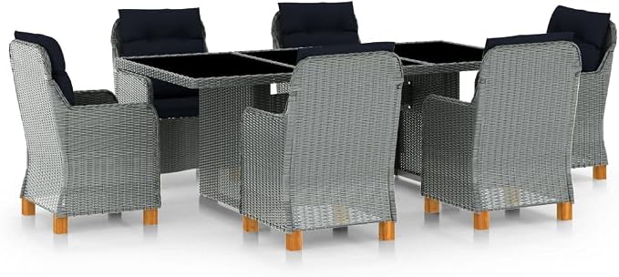 7 Piece Patio Dining Set with Cushions Poly Rattan,Outdoor Dining Set,Garden Dining Set,Terrace Tables and Chairs,Lounge Seat,Garden Furniture,for Homes,Offices,Living Room,Cafes,Light Gray