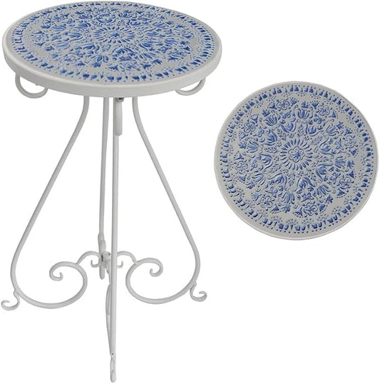 Vintage Outdoor Side Table Round Mosaic Ceramic Tile Top 14" Diameter Metal Plant Stand for Flower Pots Vase Garden Home Porch Pool Indoor Decor Weather Resistant Outside Patio Accent End Furniture