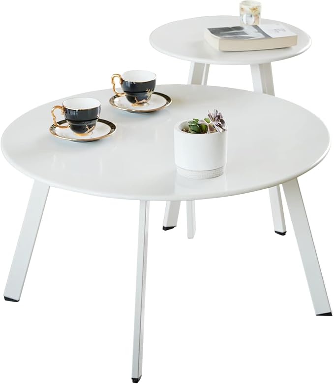 Meluvici Outdoor Patio Coffee Table Set of 2, Weather Resistant End Table, Round Nesting Tables for Living Room Balcony Office, White
