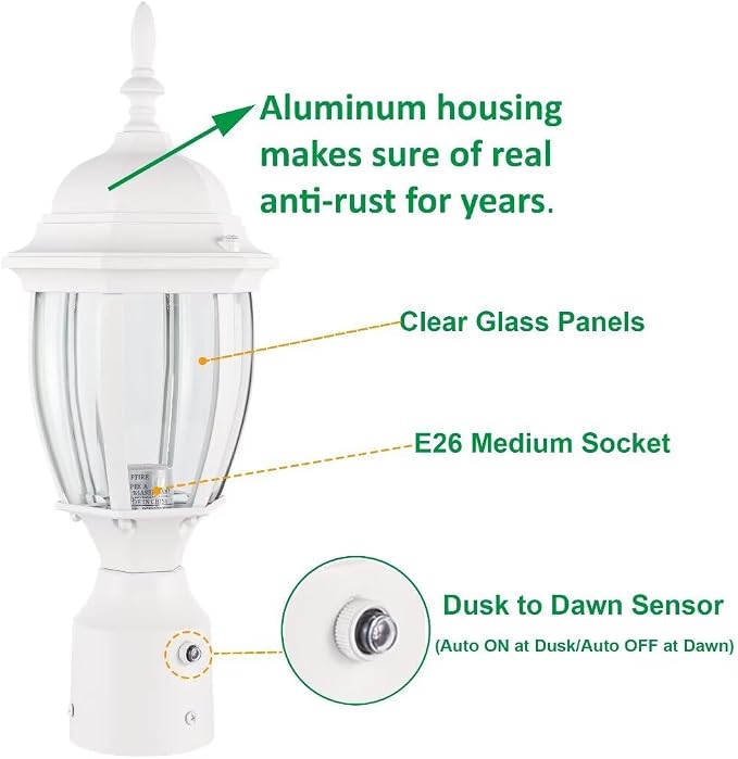 Outdoor Post Light Dusk to Dawn, Rustproof Aluminum, White | Exterior Lamp Post Light Fixture for Garden, Yard, Pathway, Waterproof, Glass, E26 Base, Max 60W