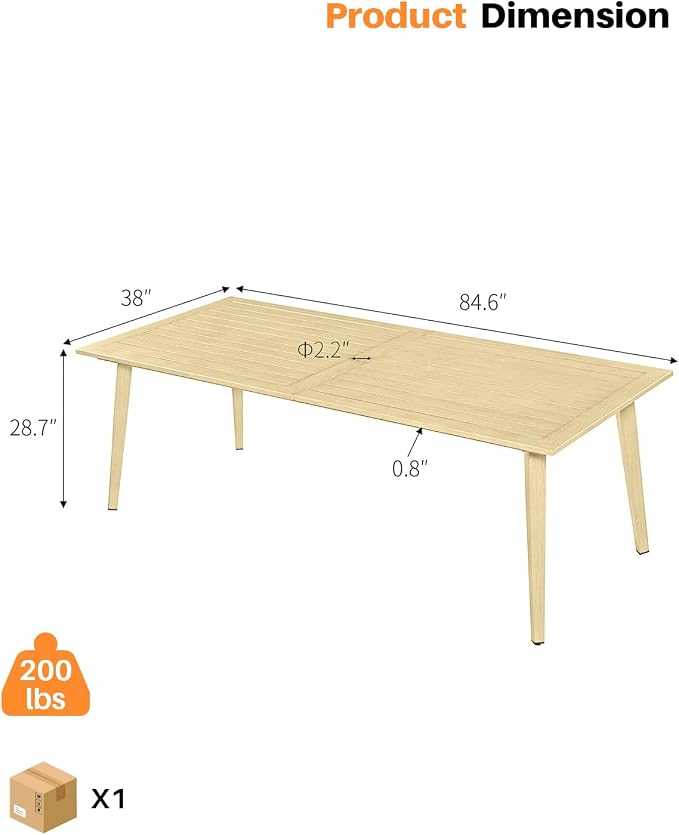 Outdoor Patio Dining Table for 8, Never-Rust Aluminum Outdoor Dining Table with 2.2" Umbrella Hole, 8 Person Outdoor Patio Dining Table Furniture for Decks, Garden, Porch, Lawn, Maple Wood