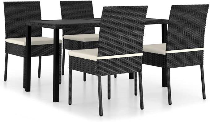 5 Piece Patio Dining Set Poly Rattan Black Outdoor Furniture Table and 4 Chairs with Cushions for Garden Backyard Porch Deck, Steel Frame Weather Resistant Wicker Dining Table Set Home Use