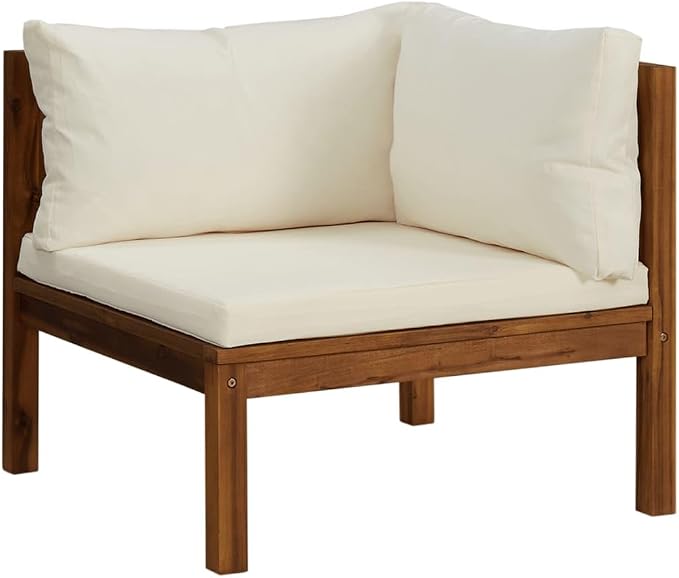 Sectional Corner Sofa with Cream White Cushion, Solid Acacia Wood Single Corner Sofa Chair, Outdoor Conversation Set Sectional Sofa Chair for Porch, Deck, Backyard,-426