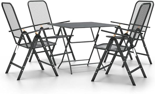 5 Piece Patio Dining Set Expanded Metal Mesh Anthracite | E-Coating Weather-Proof, 7 Position Adjustable Backrest, Foldable Design for Space Saving