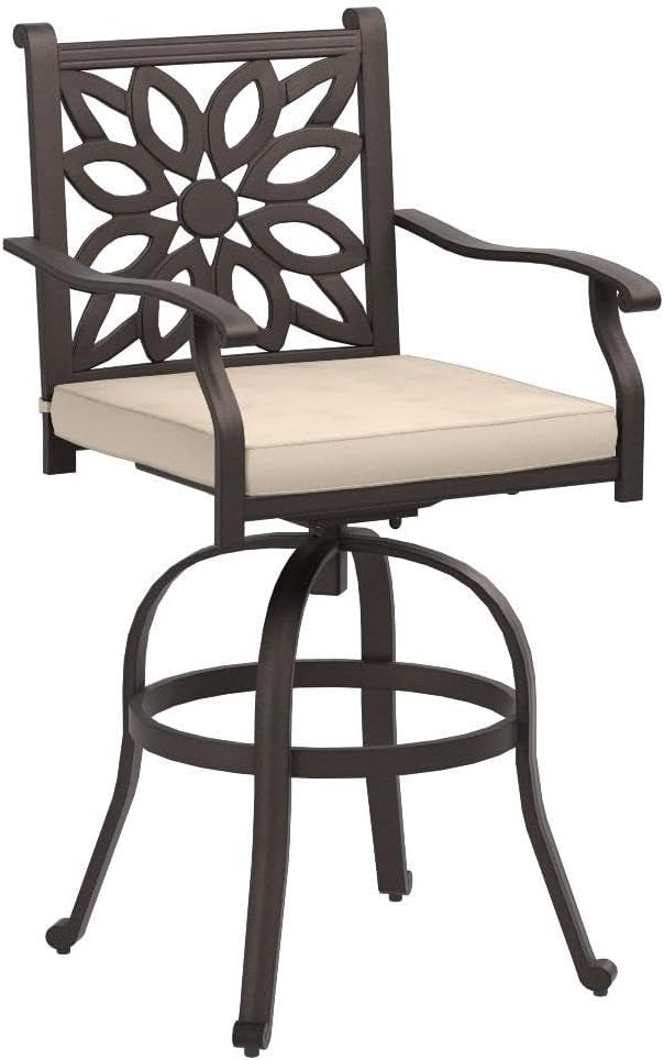 PHI VILLA Outdoor Swivel Bar Stools Set of 2, Cast Aluminum Patio Bar Height Chairs with Seat Cushion, All-Weather Bar Dining Chairs Metal Bistro Chairs