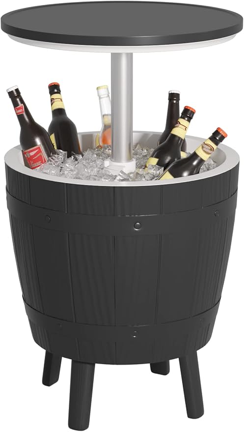 Greesum Outdoor Patio 10 Gallon Cooler Bar Table, 3 in 1 Resin Patio Beer and Wine Ice Bucket Cocktail Tables with Adjustable Height for Party and Deck, Black