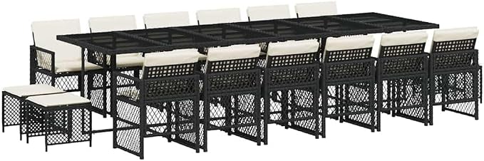 17-Piece Outdoor Dining Set, Black Poly Rattan Table and Chairs with Cream Cushions, Weather-Resistant Patio Furniture for Backyard Garden Gatherings