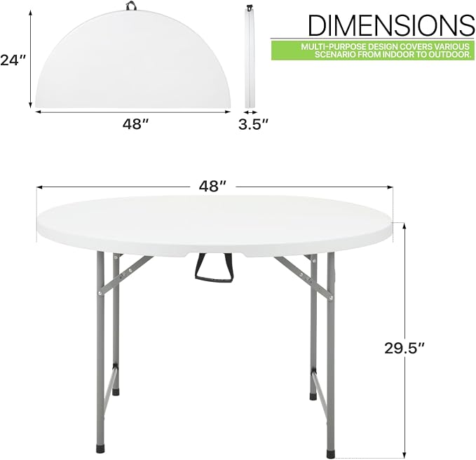 Magshion 48" Round Folding Table 4 Feet Plastic Bi-Folding Commercial Dining Event Table for Indoor Outdoor Camping Picnic Party, White, 10 Pack