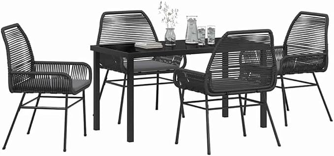 Afuera Living 5 Piece Poly Rattan Garden Dining Set, Black Tempered Glass Table and Cushions, Powder-Coated Steel Frame, UV-Resistant, Modern Outdoor Patio Furniture for Garden or Deck