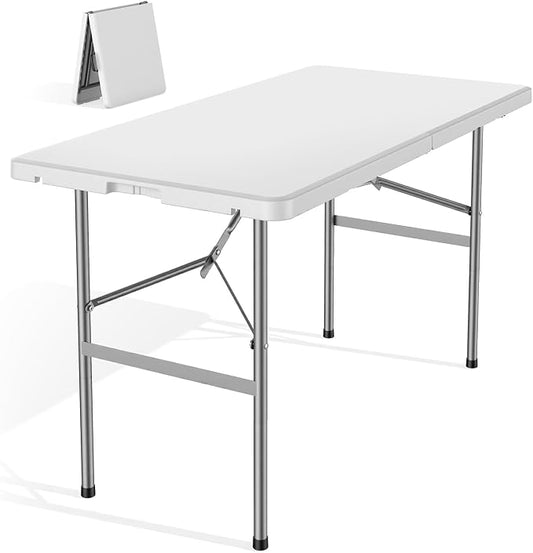 DUMOS 4 FT Folding Picnic Table Simple to Fold and Keep, 3.8 FT Foldable Table for Camping Dining Party Kitchen Picnic Outdoor Indoor with Carrying Handle