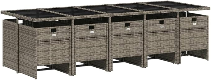11 Piece Garden Dining Set with Cushions, Grey Poly Rattan Outdoor Patio Furniture for 10 People, Tempered Glass Table with Folding Chairs, UV-Resistant Weatherproof Dining Set 275 106 73 cm Table