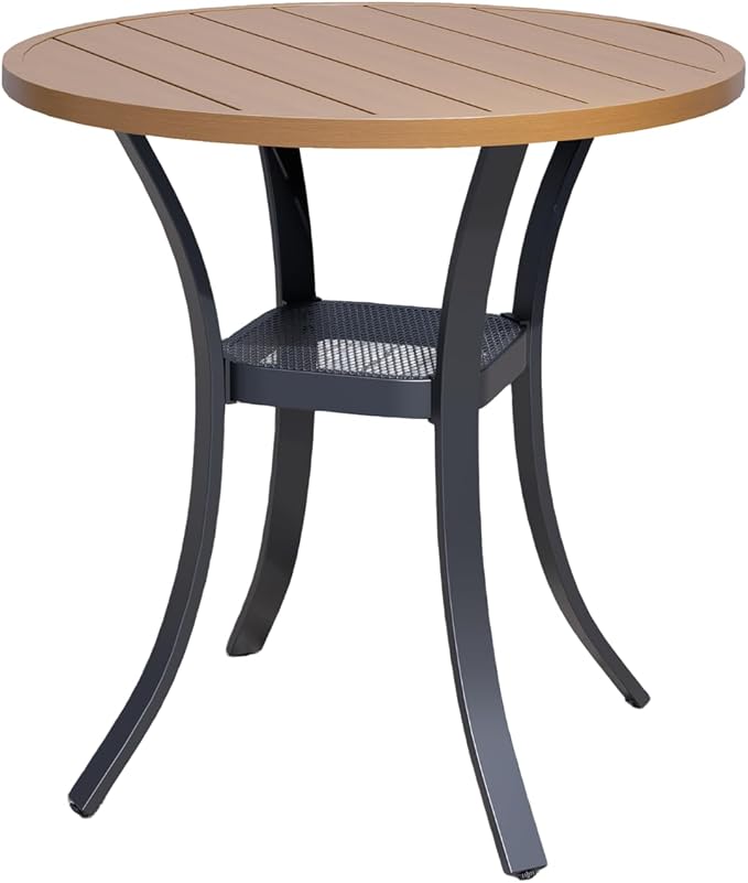 Outdoor Round Dining Table for 2, 27" Small Metal Wrought Iron Table, All Weather Patio Furniture Bistro Table for Deck, Yard, Porch - Honey Oak